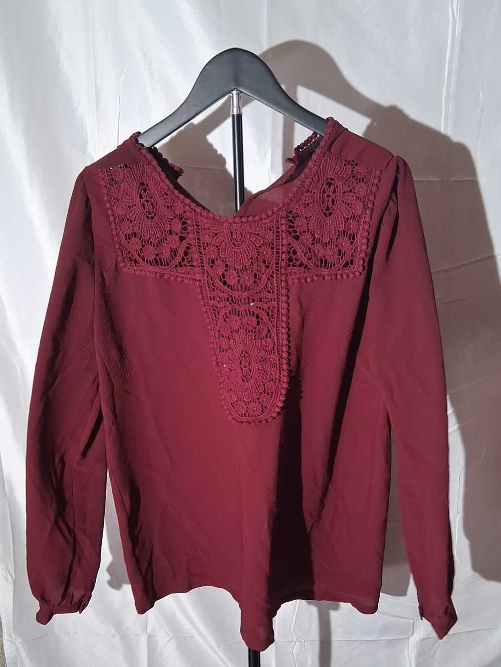 Halogen Burgundy Lace Yoke Long-Sleeve Top